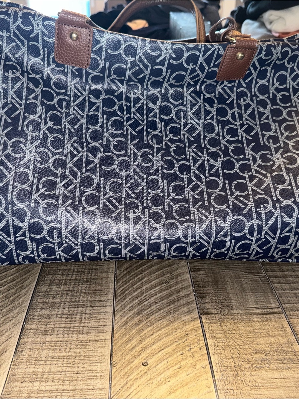 Calvin Klein Navy & Brown Monogram Travel Duffel - Picture 3 of 7
